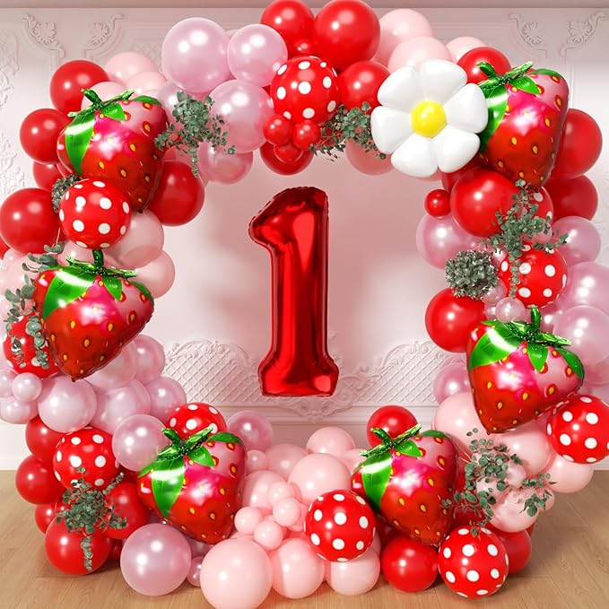 Strawberry Balloons Garland Arch Kit -Berry First Birthday Party Decorations, Number 1 Balloon and Pastel Daisy Balloons for Girls Sweet One Baby Shower Strawberry Themed Decoration