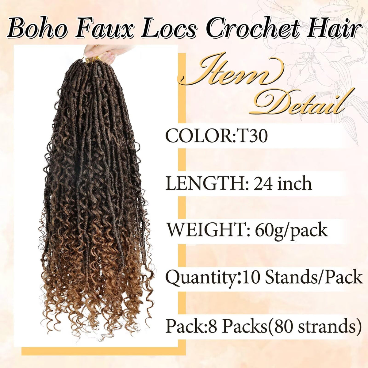 Goddess Locs Crochet Hair for Black Women-24inch Faux Locs Crochet Hair 8 Packs Synthetic Pre-Looped with Curly Ends(8Pack,24inch,T30)