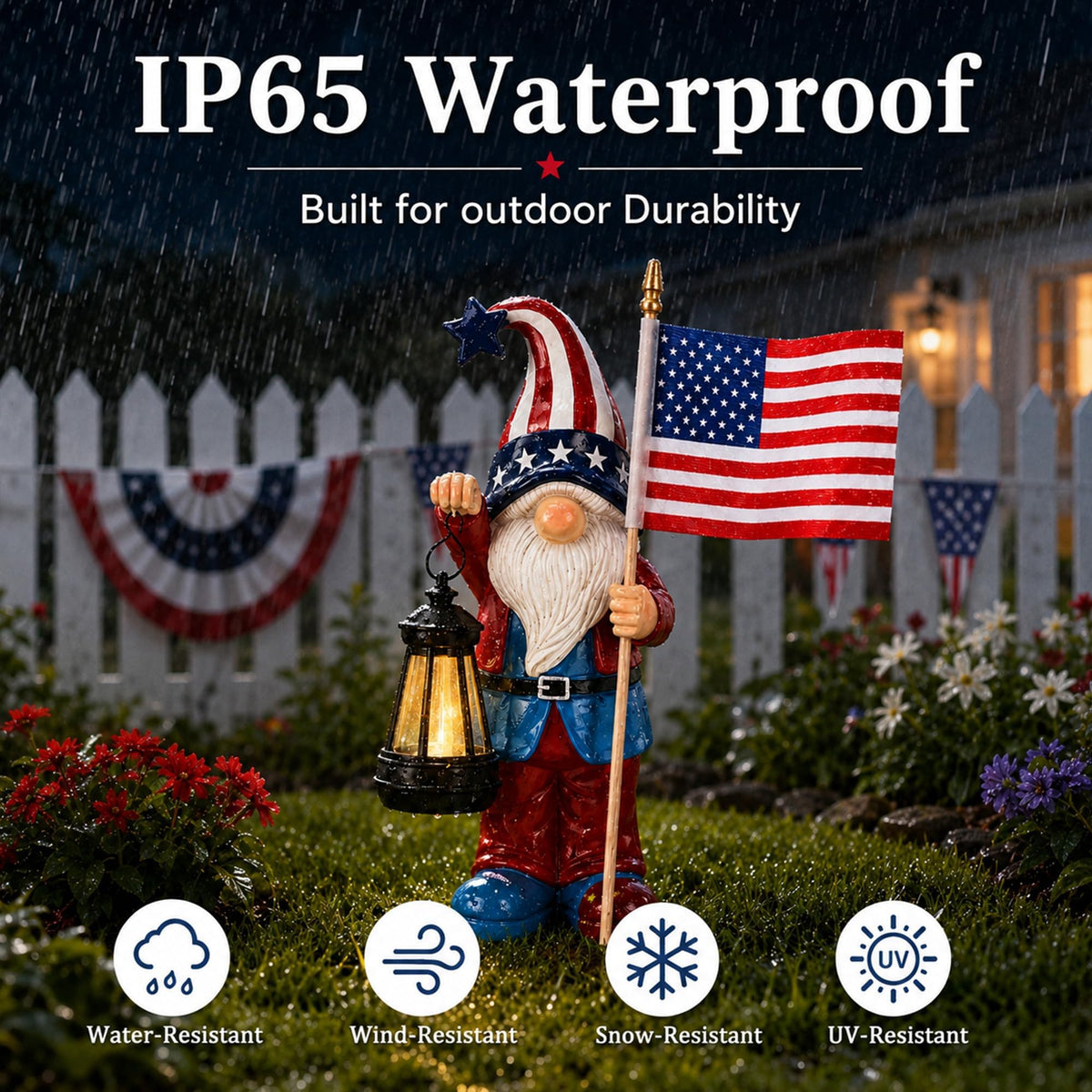 Nacome Solar Patriotic Gnomes Statues with Flag for Garden Decor