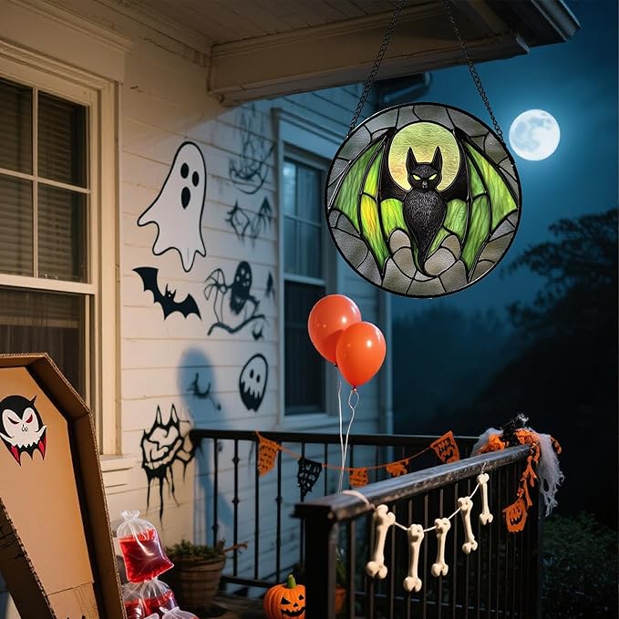 Stained Glass Window Hanging - Halloween Black Bat Green Wings Monster Suncatcher for Doors Garden Home Spooky Sun Catchers Gothic Decor Horror Gift for Women Men Friend Boy Girl 7.8 in