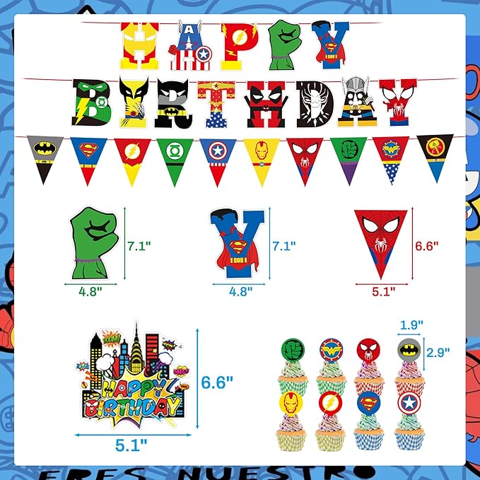 Cartoon Themed Birthday Party Decorations Set, Hero Themed Party Favors, Party Supplies Set Include Banner, Foil Balloons,Printed Balloons
