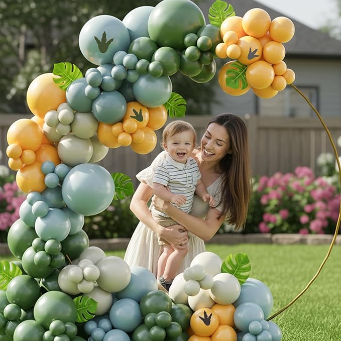 Dinosaur Balloon Arch Kit, 144pcs Dusty Blue, Sage Green & Yellow Latex Balloons with Footprint Stickers, Monstera Leaves for Boy's Three Rex Birthday, Baby Shower