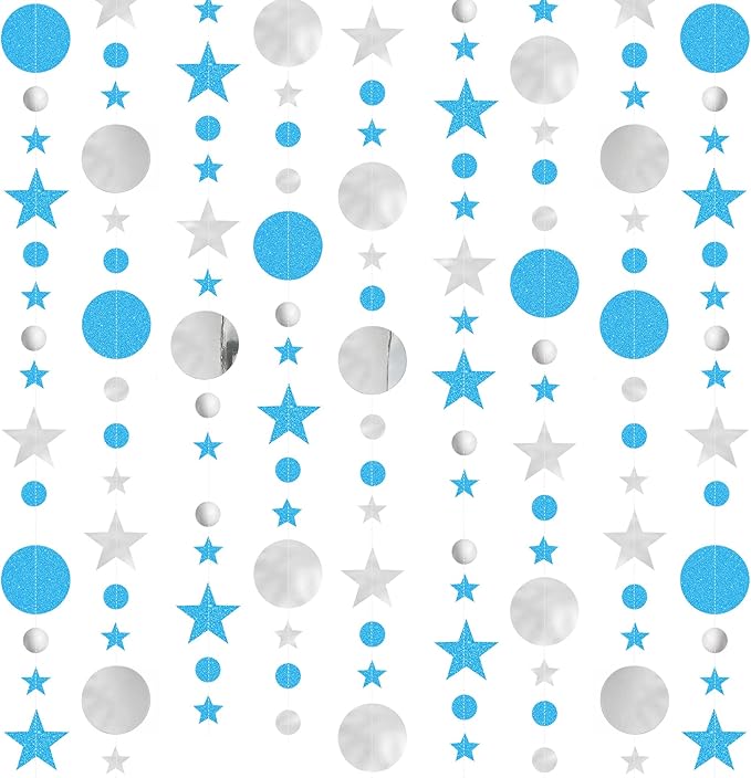 JOYIT 78ft Blue & Silver Glitter Garland – 6 Pack Twinkle Star & Circle Party Decorations for Birthday, Baby Shower, Wedding, Graduation, Space Themed Events & Holiday Backdrops (Star & Circle)