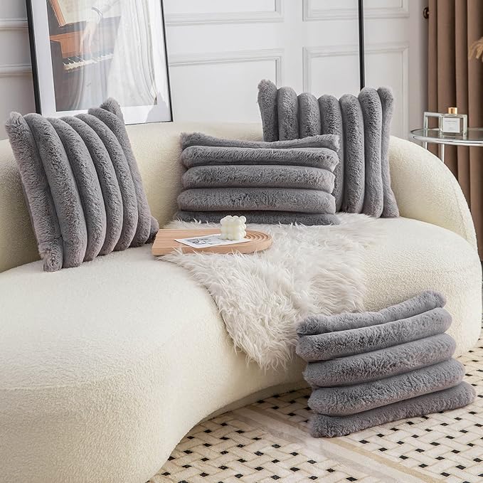Neelvin Grey Faux Fur Cozy Soft Striped Decorative Throw Pillow Covers 20x20 inch Set of 2,Velvet Pillowcase Cushion Case for Sofa Couch