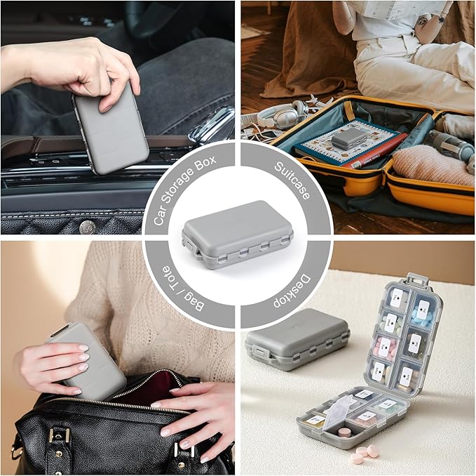 14 GRIDS Travel Pill Organizer Box with Labels - Travel Medicine Case Kit - Pocket Daily Pharmacy Container - Travel Medication Holder Dispenser for Fish Oil Vitamin Supplement Storage - Grey