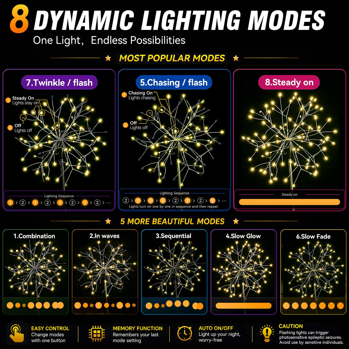SUDDUS Solar Garden Lights Outdoor 2-Pack 150LED Firework Lights Warm White