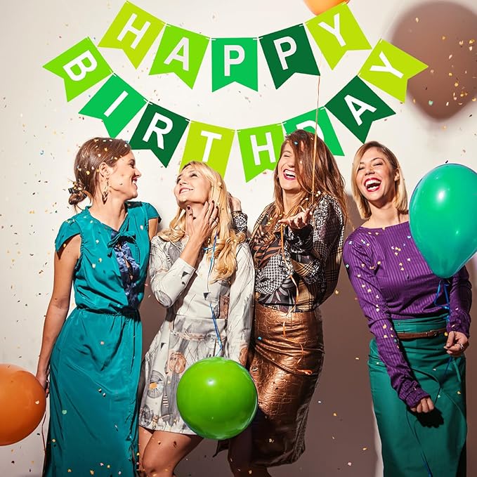 Happy Birthday Banner, Green Colors Birthday Party Banner Assembled Garland Bunting Flags Women Men Girl Boy Party Hanging Decorations Indoor/Outdoor Supplies
