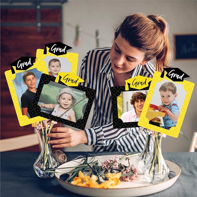 Big Dot of Happiness Yellow Graduation Photo Display Centerpiece Kit - 15 Double-Sided Photo Table Topper Sticks, Vertical and Horizontal 4x6 Picture Holders, DIY Party Decoration Set