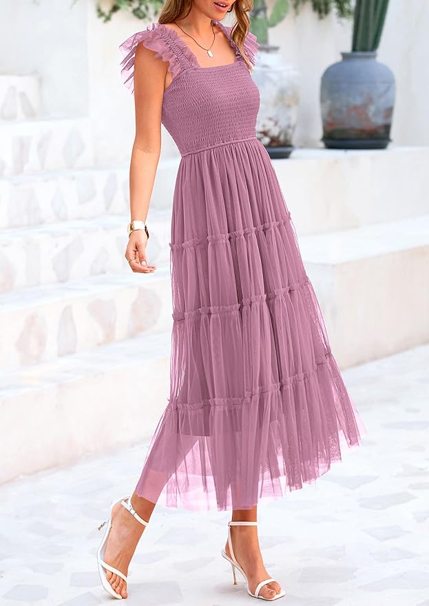 PRETTYGARDEN Women's Summer Tulle Midi Dress Sleeveless Smocked Ruffle Flowy Mesh Dresses Party Wedding Guest Sundress