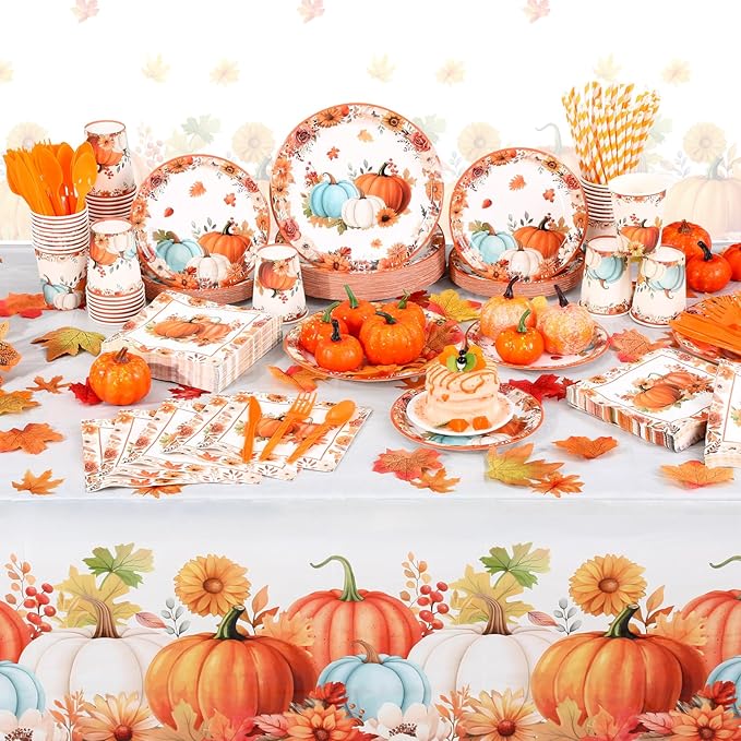452 Pcs Fall Party Decorations Thanksgiving Party Supplies Fall Maple Leaves Pumpkins Paper Plates Napkins Cups Tablecloth Cutlery Straws for Autumn Thanksgiving Harvest Birthday Holiday