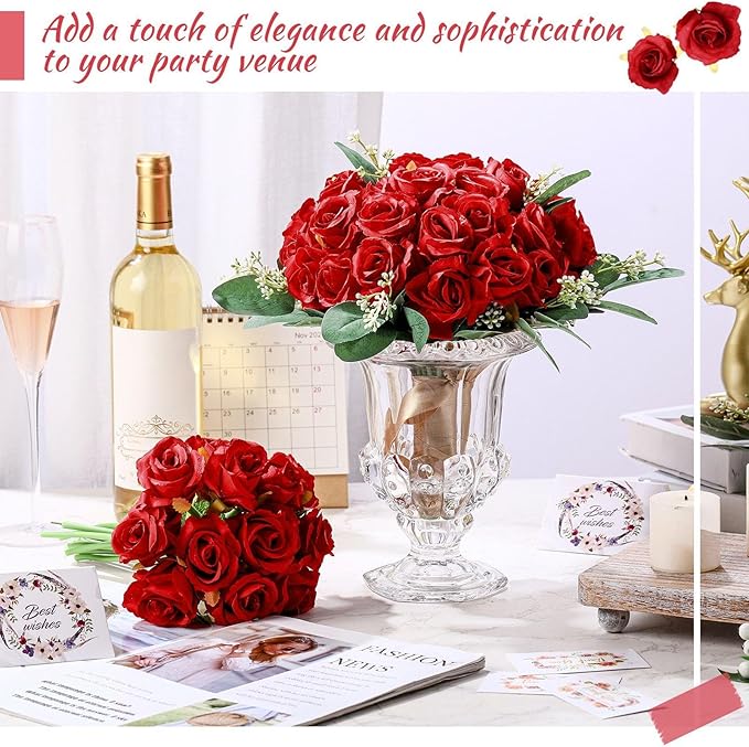 Zeyune 12 Bunches Wedding Bridesmaids Bouquets 144 Heads 7 Inch Artificial Rose Bouquets Silk Fake Flower Bulk with Stems for Valentine's Day Wedding Bridal Shower Home Party Decor(Red)