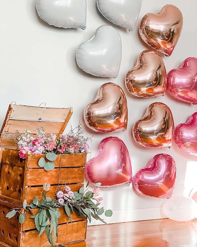 Lovoir 12 Pcs Pink Heart Shape Foil Mylar Balloons 18 Inch Love Balloons for Valentine's Day Birthday Party Decorations Wedding Engagement Romantic Decor (Rose Gold & Pearl Pink & Silver)