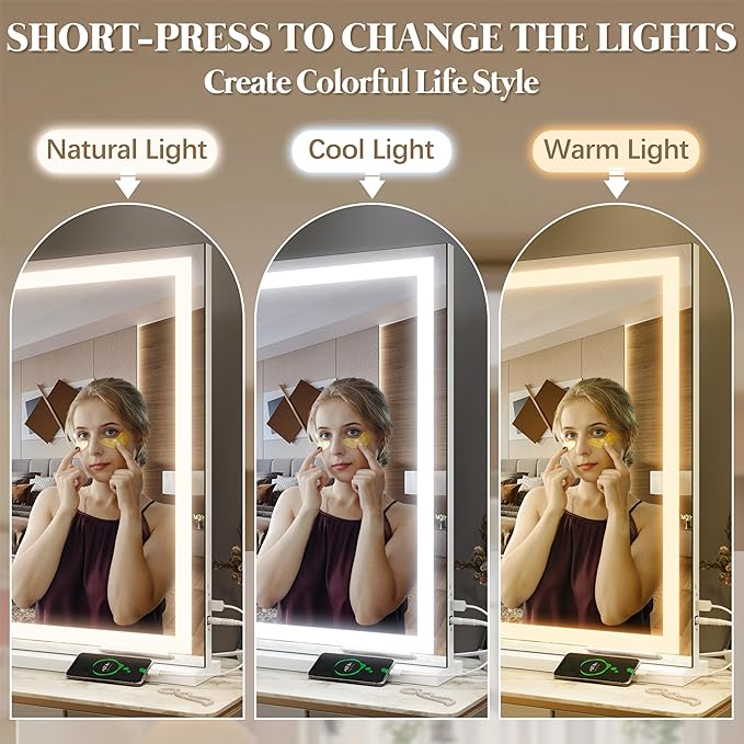 FENNIO Large Vanity Mirror with Lights，35.5" x 27" LED Makeup Mirror，Hollywood Mirror with 3 Color Modes & Adjustable Brightness，Vanity Mirror Square White