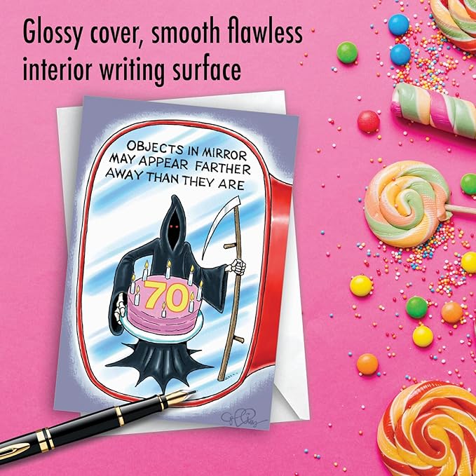 NobleWorks - 70th Milestones Birthday Greeting Card with 5 x 7 Inch Envelope (1 Card) - Objects in Mirror 70 4849