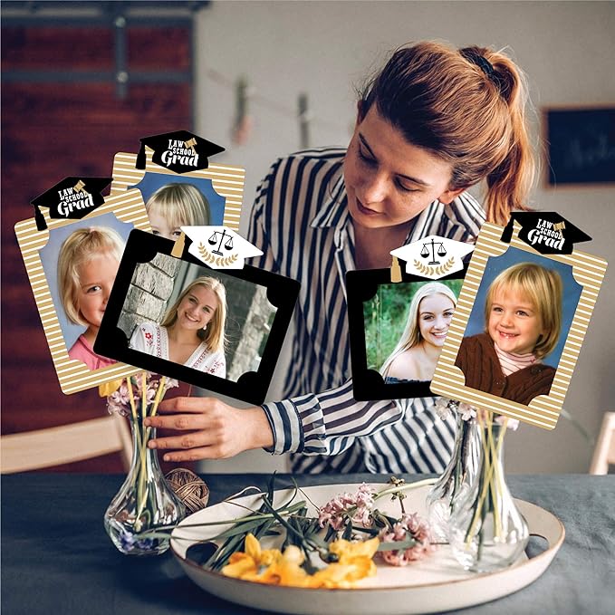 Graduation Photo Display Centerpiece Kit - 15 Double-Sided Photo Table Topper Sticks, Vertical and Horizontal 4x6 Picture Holders, DIY Party Decoration Set - Law School Grad