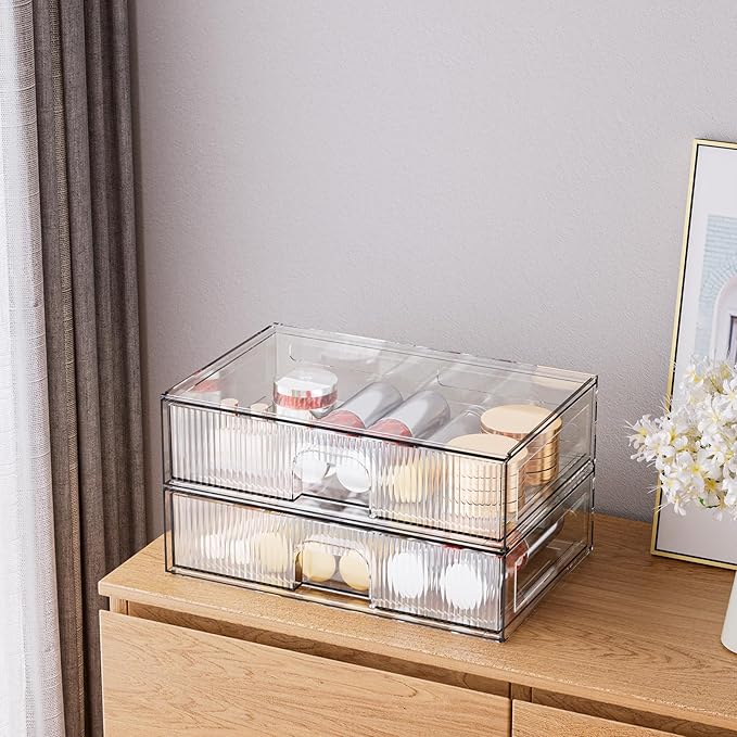 ZHIAI Stackable Storage Drawer, 2 Piece Acrylic Organiser for Cosmetics and Beauty Products, Suitable for Dressers, Bathrooms, Cabinets, Storage Rooms, Bedrooms and Home Organisers