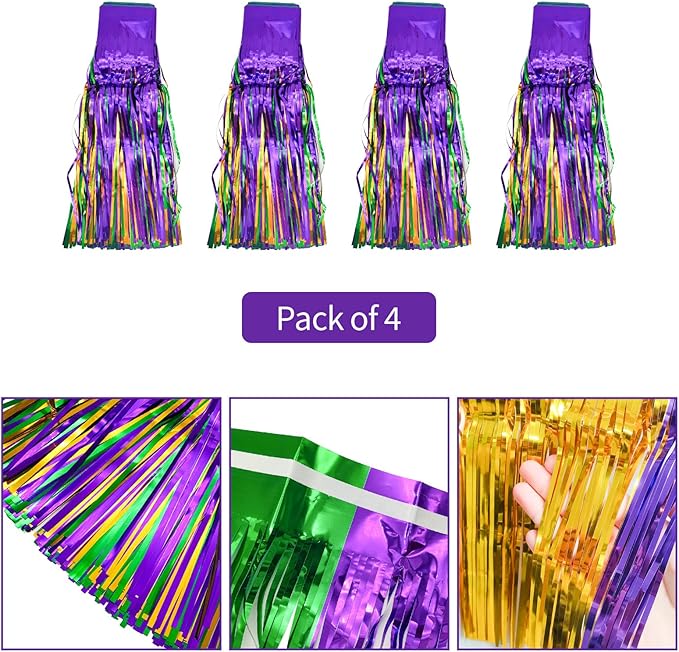 4 Packs 10 Feet Long Foil Fringe Mardi Gras Garland Green Gold Purple Tinsel Metallic Streamers Wall Hanging Birthday Backdrop Banner for Carnaval Car Parade Floats Streamer Decorations