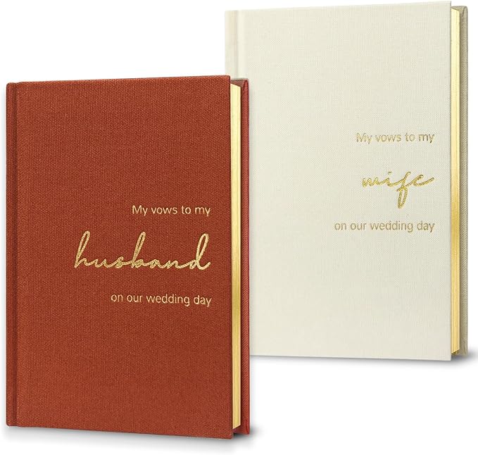 Wedding Vow Books His and Hers-Canvas Linen Foil Embossed, Set of 2 Vow Books Husband and Wife-Wedding Essentials（Terracotta + Milk White）