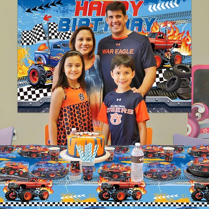 Monster Trucks Birthday Decorations - Monster Trucks Party Supplies including Plates, Cups, Napkins, Tablecloths for Boys - Serves 20 (6-20)