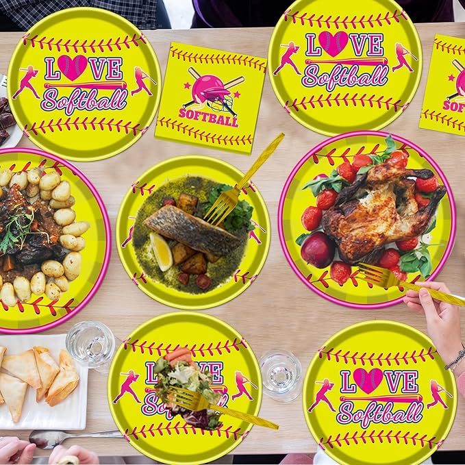 Rakuto Softball Party Decorations Supplies, 96PCS Party Paper Plates Napkins Forks Softball Plates Dinnerware, Sports Birthday Baby Shower Tableware Set (24 Guests)