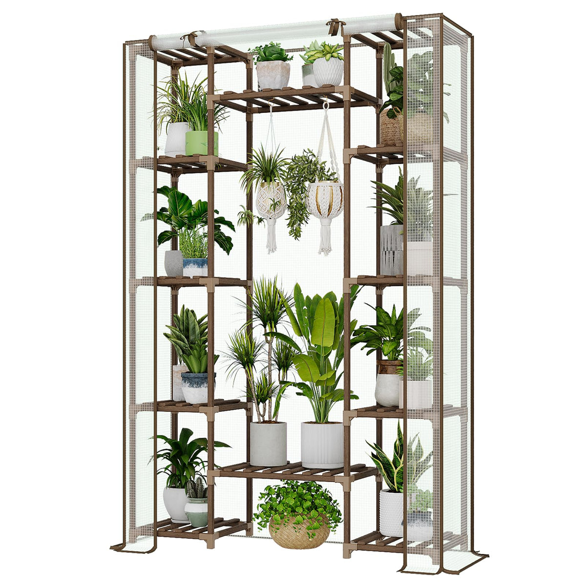 Bamworld Greenhouse Indoor Outdoor 62.2“ Tall Green House Cover Large Invernadero Tiered Stand for Multiple Display Wood Planter Holder for Living Room Garden Balcony Patio Decor