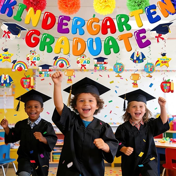 Preschool Graduation Decorations Set, Congrats Grad Decor Kit - 27 PCS with Banner, Pom Poms, Hanging Swirls & Centerpieces, Class of 2026 Party Supplies