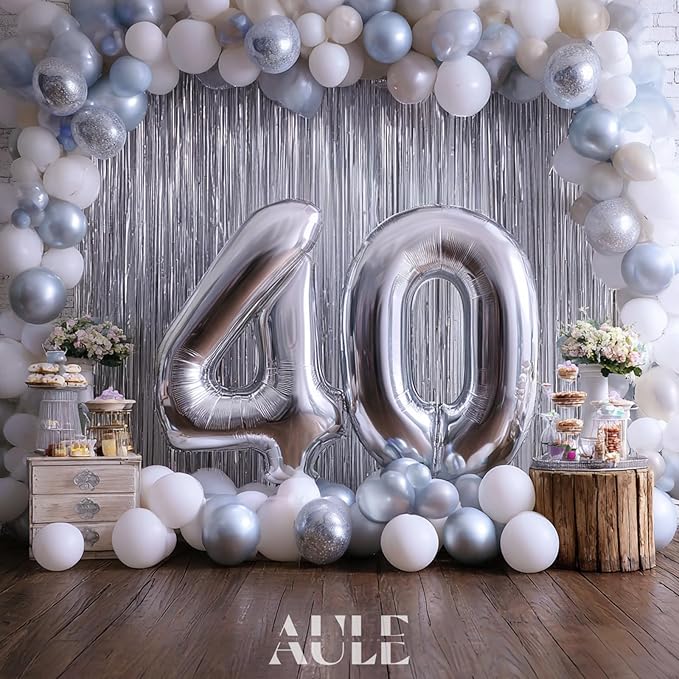 AULE 40 Inch Jumbo Silver Foil Mylar Number Balloons for Men Women 40th Birthday Party Decorations 40 Years Old Anniversary Party Supplies