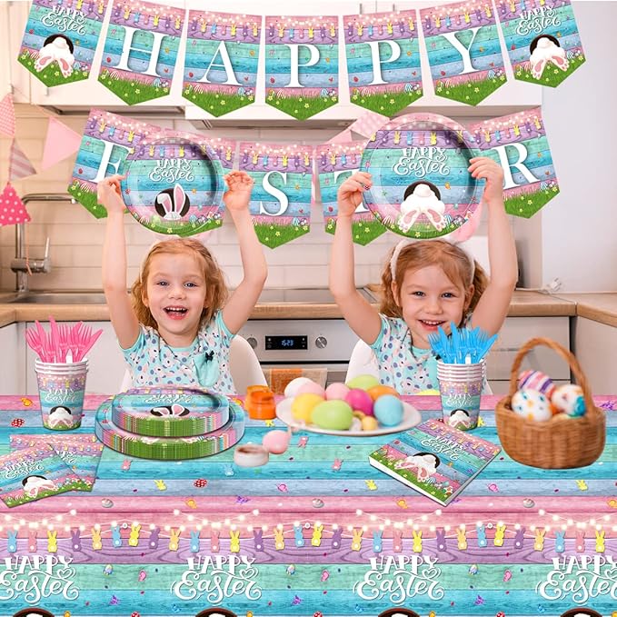 Easter Party Supplies-Happy Easter Tableware,142pcs Easter Plates and Napkins Bunny Plates Easter Tablecloth for Colorful Spring Easter Party (Tableware)