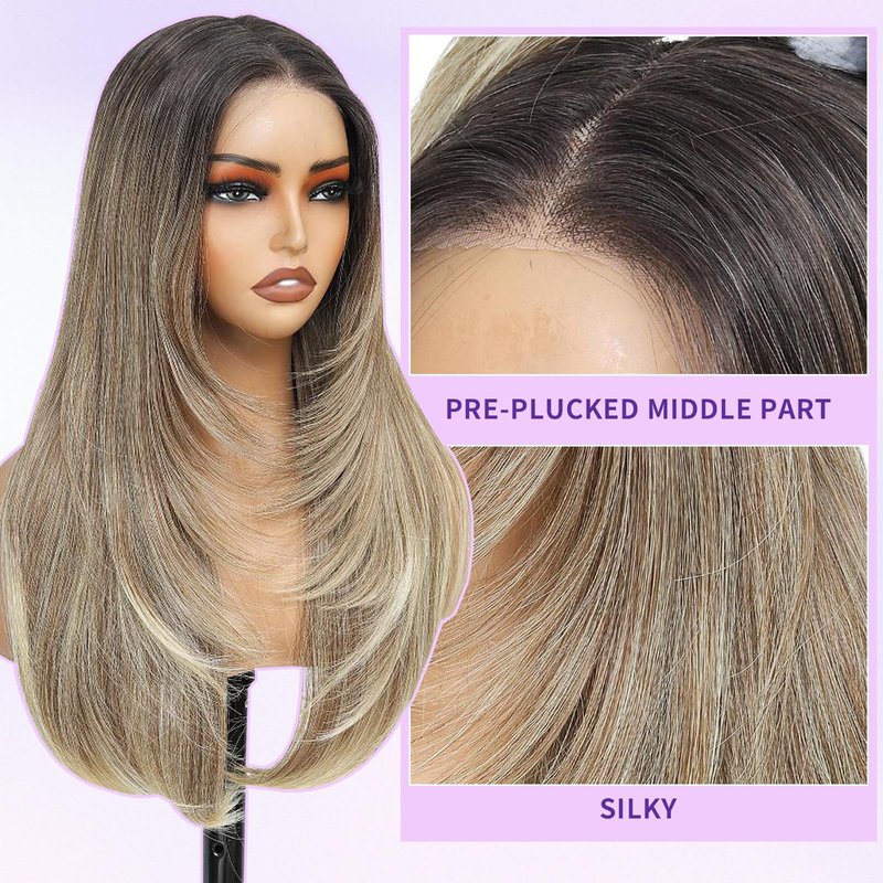 KPROYU Synthetic Lace Front Wig Pre Cut Lace Glueless Wig Wear And Go 13X4X1 Inch HD Lace Layered Wig Pre Plucked Glueless Synthetic Wigs For Women Auburn Brown Black Root（2/30） 26 Inch