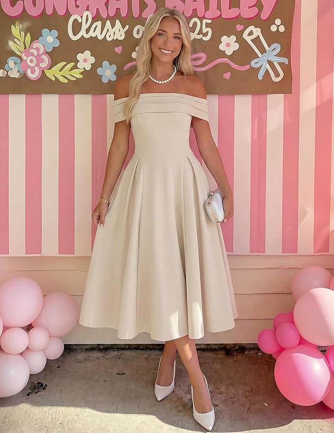 ZESICA Summer 2026 Cocktail Dresses for Women's Off Shoulder Short Sleeve Swing A Line Wedding Evening Party Midi Dress