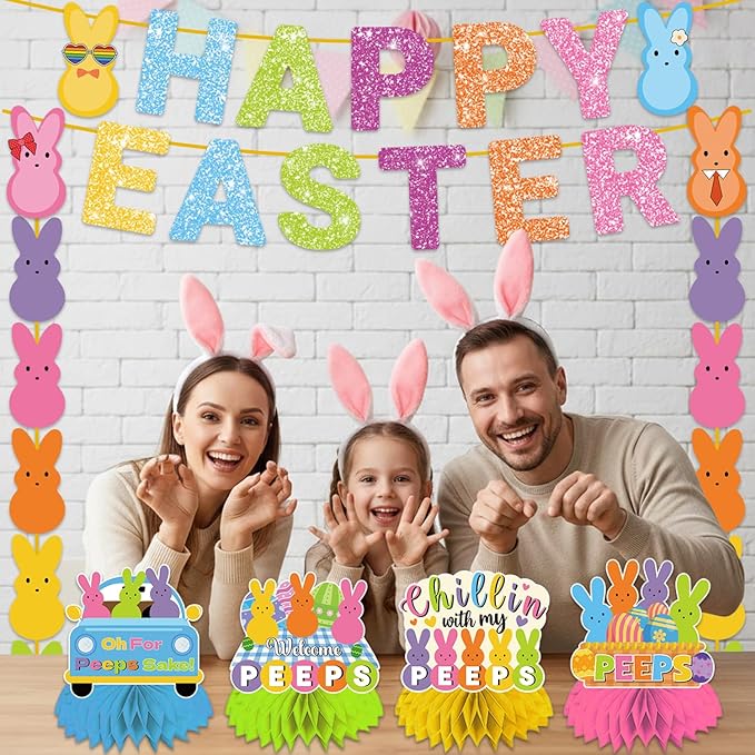 57pcs Easter Party Decorations Banner Set Include Happy Easter Banner Chillin with My Peeps Hanging Swirls Bunny Pattern Hanging Banner 3D Honeycomb Table Centerpieces for Party