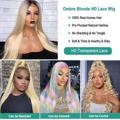 Munx Blonde Wear and Go Glueless Wig Human Hair 13x4 HD Lace Front Wigs for Women 180% Density Pre Plucked with Baby Hair Colored Straight Ombre Blonde 1b613 Lace Wigs 16 Inch