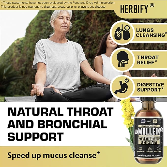 HERBIFY Mullein Drops - Lung Cleanse - Leaf Extract - Powerful Mullein for Immune Support, Detox & Respiratory Support - Made in USA - 4 Oz Vanilla Flavor