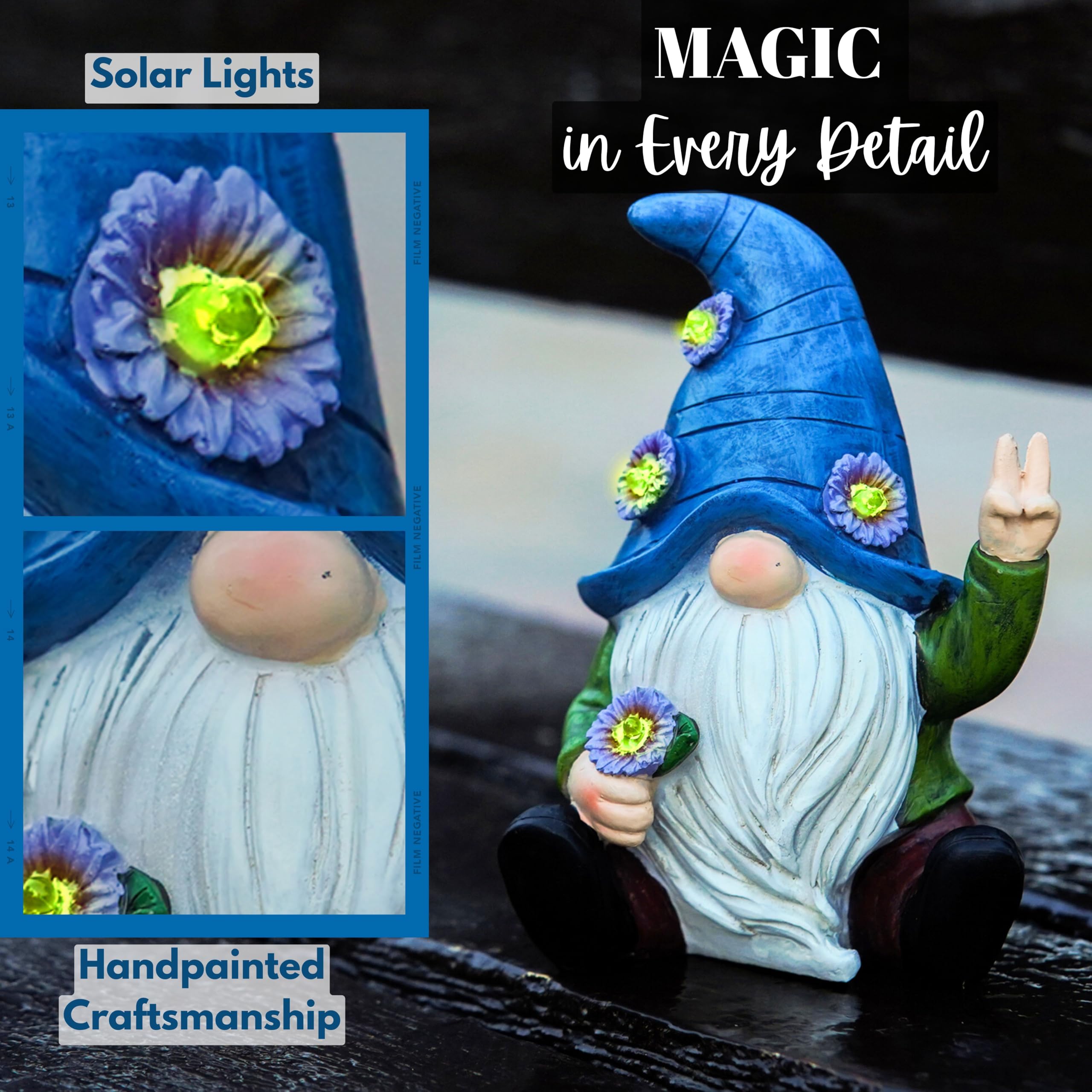 IMPECCABLE GOODS Peace Gnome Garden Statue - Original Design - Blue Peace Gnome Design for Yard, Lawn, Patio, Porch - Garden Decoration - Solar Light - Mom - Grandmother Outdoor Decor & Unique