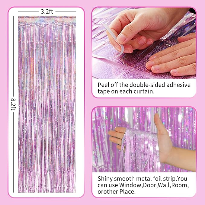 3Pack Pink Foil Fringe Curtain Backdrop - 3.3ft x 8.3ft Metallic Tinsel Photo Booth Decor for Bachelorette Party Decorations