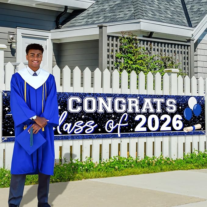 2026 Graduation Yard Sign Large Congrats Grad Banner Blue Class of 2026 Banner for Graduation Party Decorations 2026 (Blue)