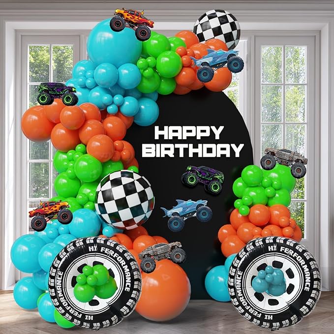 132pcs Monster Truck Birthday Decorations for Boys – Colorful Balloon Arch Kit with Wheels Foil Balloons, Truck Cutouts, Orange Green Blue Balloons, Racing Party Supplies for Kids