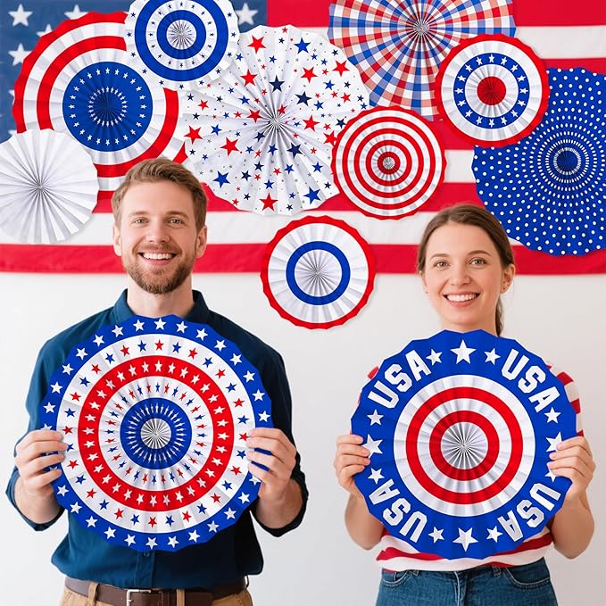 4th of July Decorations ，Patriotic Decorations Set - Celebrate with Red, White & Blue Paper Fans, USA Banner for Veterans, Labor, Presidents, & Flag Memorial Day