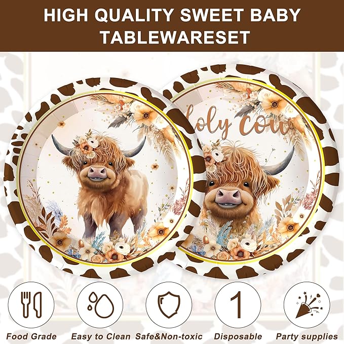 120PCS Boho Highland Cow Party Supplies for Boys girls Holy Cow Highland Themed Baby Shower Birthday Party Decorations Tableware Set Plates Napkins Cups Set for 20 Guests