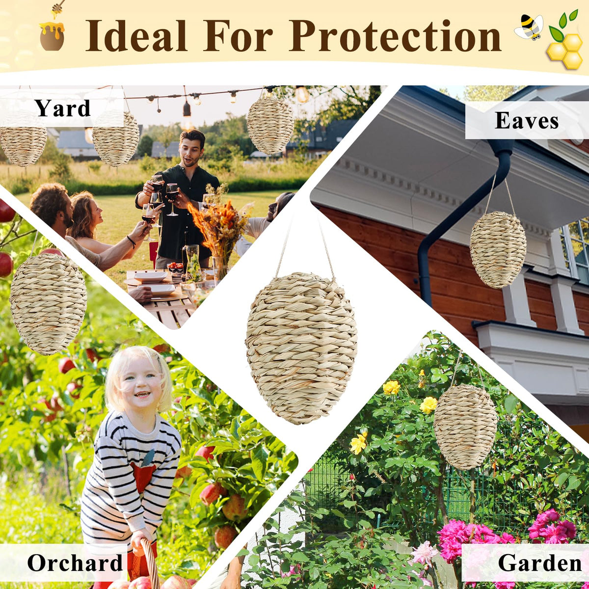 4 Pack Wasp Nest Decoy, Woven Reed Fake Wasp Nest for Outdoor Decor