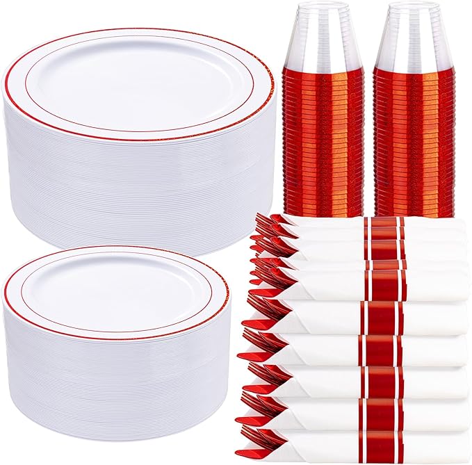 WELLIFE 350-Piece Red Plastic Party Dishware Set - 50 Dinner Plates, 50 Dessert Plates, 50 Cups, 50 Plastic Cutlery