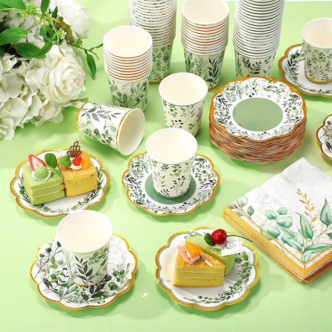 Yungyan 108 Pcs 36 Guests Greenery Plates and Napkins Party Supplies Sage Green and Gold Scalloped Disposable Eucalyptus Paper 6" Plates, Napkins and 9 oz Cups Set for Baby Shower Wedding Decoration
