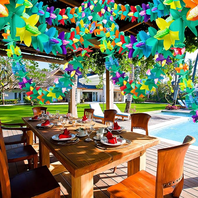 12Pcs Tropical Flower Garlands, Colorful Luau Flower Garlands, 118 Feet Length Paper Flowers Garland Decorations for Hawaiian Beach Party Birthday Baby Party Wedding