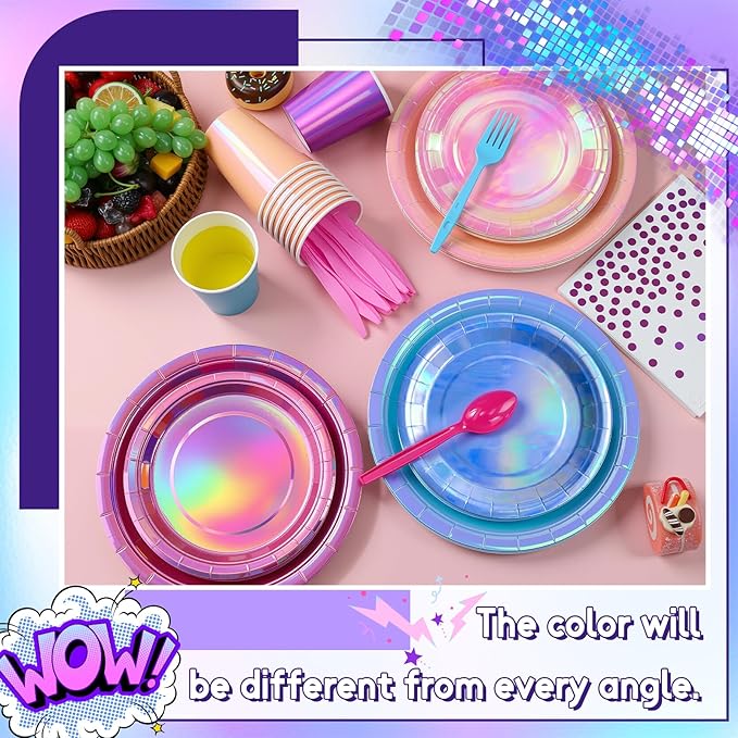 Iridescent Plates and Napkins Party Supplies Set for 25 Guests,Purple Disposable Tablecloth,Disco Style Plates for Birthday & Trendy Celebrations