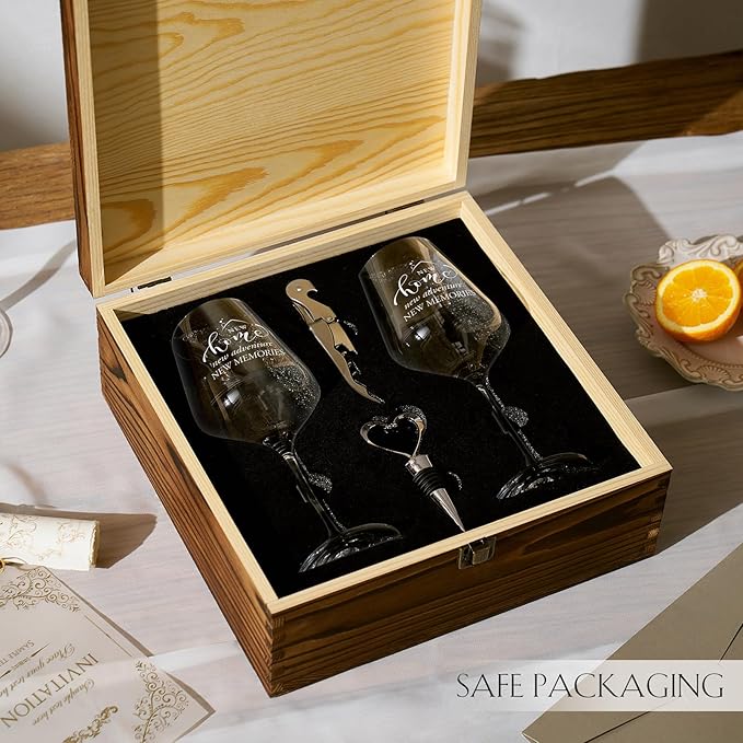 AW BRIDAL House Warming Gifts New Home Wine Glasses Sets, 2026 Closing Gifts for Home Buyers and Homeowner, New Apartment Gift Basket for Couple, First House Gift with Wooden Keepsake Box