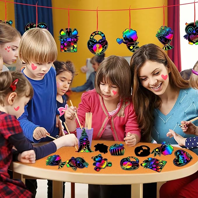 JULMELON Valentine Crafts for Kids, 36 Pack Heart Shape Scratch Art Paper Crafts Kit Magic Rainbow Scratch Cards Hang Tags Goody Bag Stuffers Valentines Day Gifts for Kids