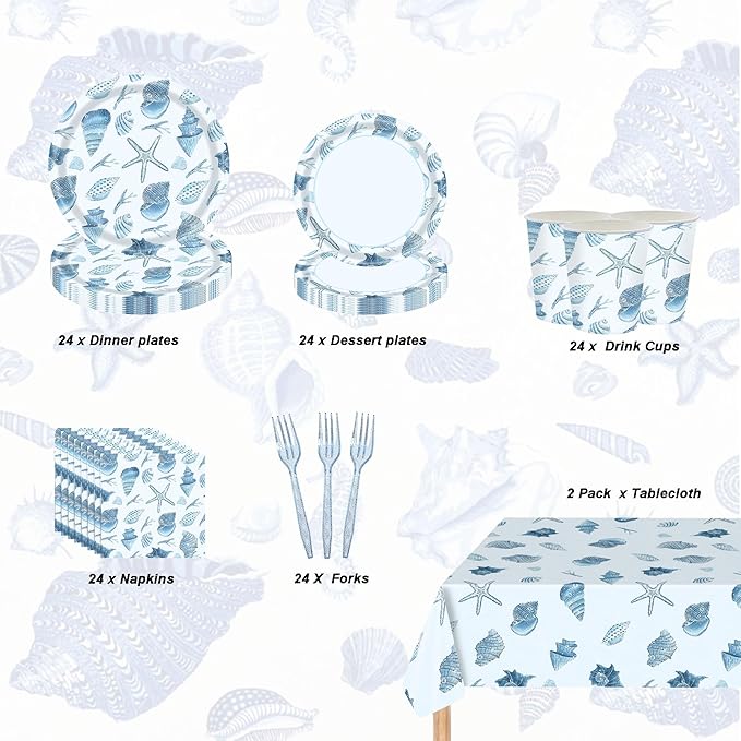 Ocean Seashell Party Plates Supplies, Coastal Beach Party Tableware Decorations Starfish Coral Disposable Paper Plates Tablecloth Cups Napkins Forks for Kids Summer Birthday Baby Shower, Serves 24