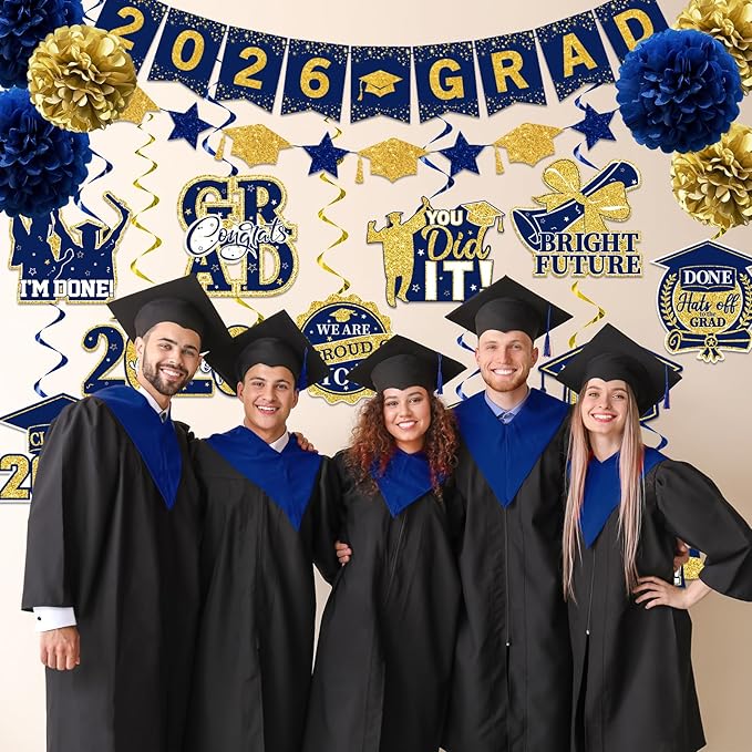 Navy Blue Graduation Decorations, 2026 Grad Banner and Congrats Grad Hanging Swirls, Navy Blue and Gold Graduation Banner Graduations Hanging Swirls College Graduations Party Decoration Class of 2026