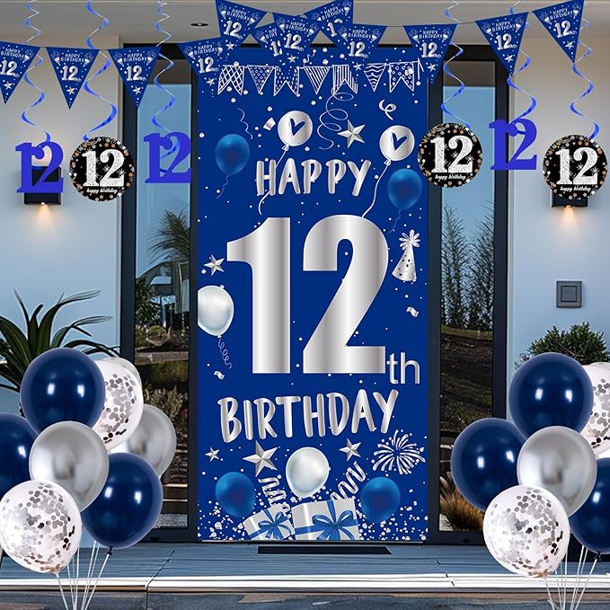 12th Birthday Decorations for Boys Girls, Blue Silver Happy 12th Birthday Party Decorations Supplies - Happy 12 Birthday Backdrop Banner Tablecloth Triangle Flag Balloons for 12 Year Old Party