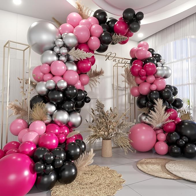 Black Red Pink Silver Balloon Garland Arch Kit, 160Pcs Hot Pink Matte Black Blush Pink Metallic Silver Balloons for Birthday Baby Shower Wedding Bridal Shower Party Decorations